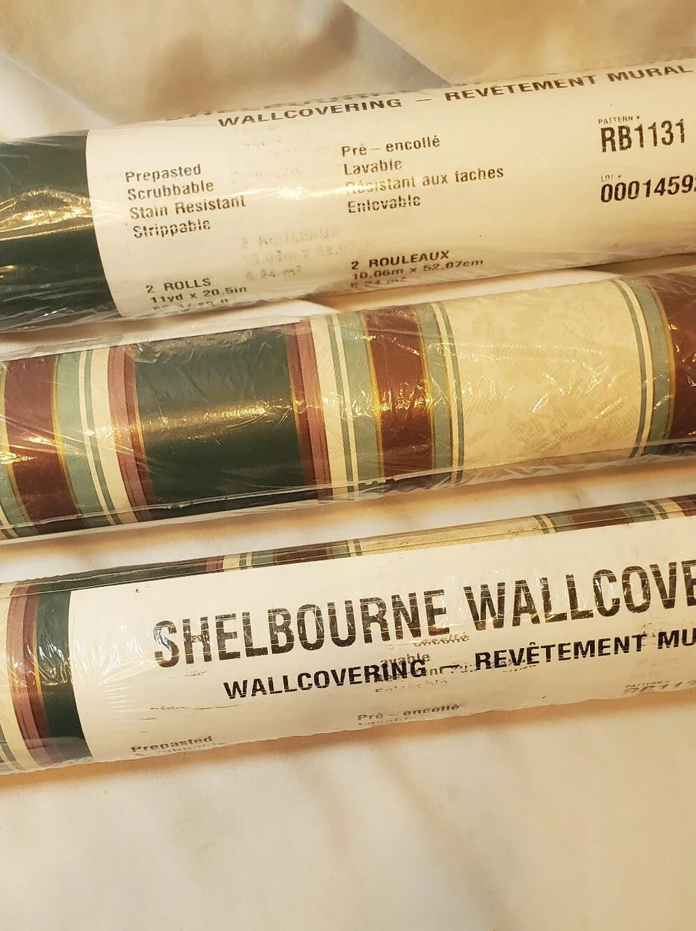 Shelbourne Vtg Striped Green Cream Wallpaper Double Roll 56.37 Sq Ft, Lot Of 3